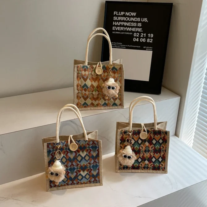 New Linen Diamond Pattern Tote Bag Large Capacity Jute Tote Bag Portable Bento Bag Imitation Linen Shopping Bag Organizer Bag