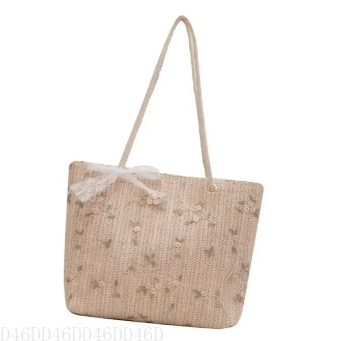 D46D Elegant Straw Woven Shoulder Bag with Delicate Lace Bowknot Flower Embroidery Large Capacity Handbag Beach Shopper Bag