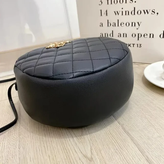 Rhombus Quilted Round Hand Bag, Women's Cross Body Metal Decor Bag, Elegant Shoulder Zipper Purse